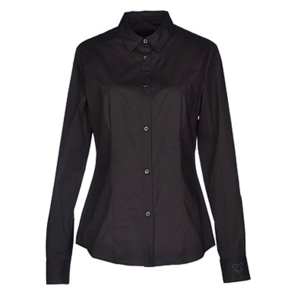 MOSCHINO NWT Black Slim Fit Stretch Button Up Shirt Embroidered Smile Cuff XS S